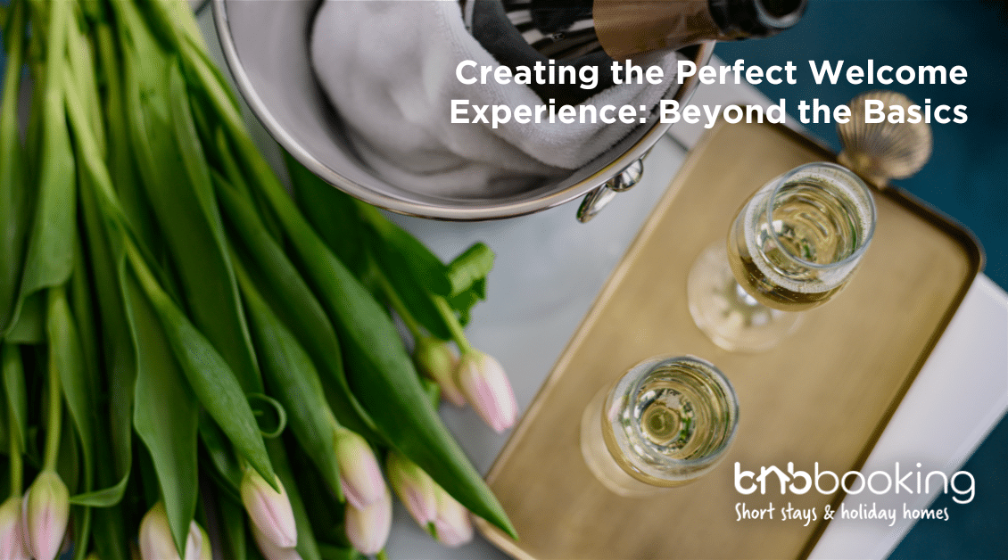 Airbnb host warmly welcoming guests with a welcome gift and guidebook at the front door.